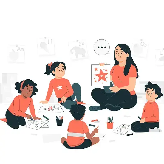Illustration of a nursery teacher sitting with a group of young children drawing and talking