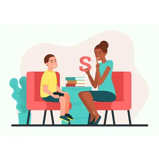 Illustration of a teacher showing a child the letter S during a phonics activity
